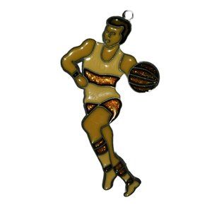 Vintage Handmade Stained Glass Basketball Guy Player Gold Suncatcher Ornament